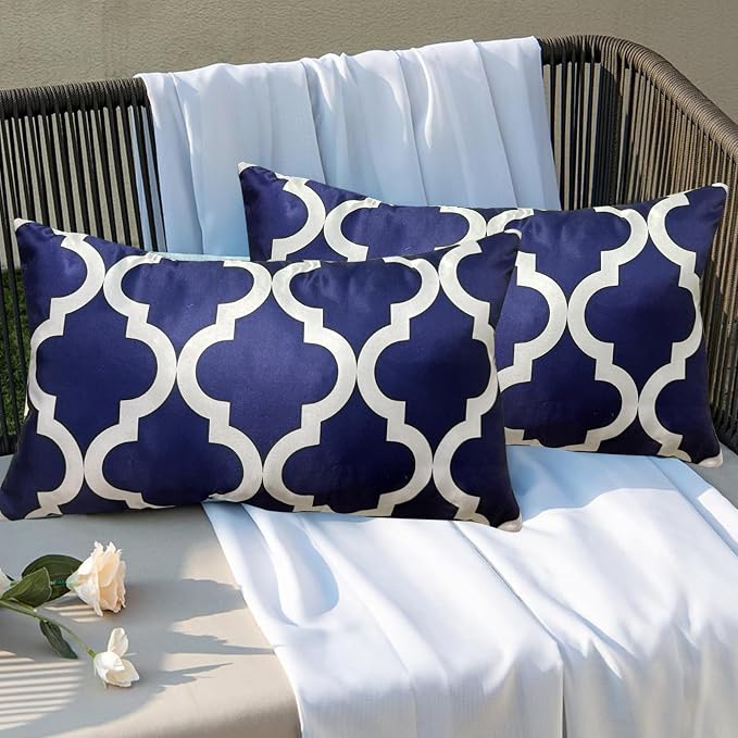 Pack of 2 Waterproof Outdoor Throw Pillows Cover 12x20 Inch Navy Blue and White Throw Pillow Covers Rectangle Pillowcases Outdoor Lumbar Pillows for Patio Furniture Garden (No Pillow Insert)