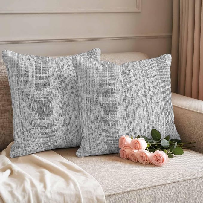 Abstract Gray Outdoor Pillow Covers 18"x18" Set of 2, Rustic Farmhouse Minimalist Grey Vertical Striped Lines Waterproof Throw Pillow Covers for Patio Furniture, Decorative Cushion Covers for Porch