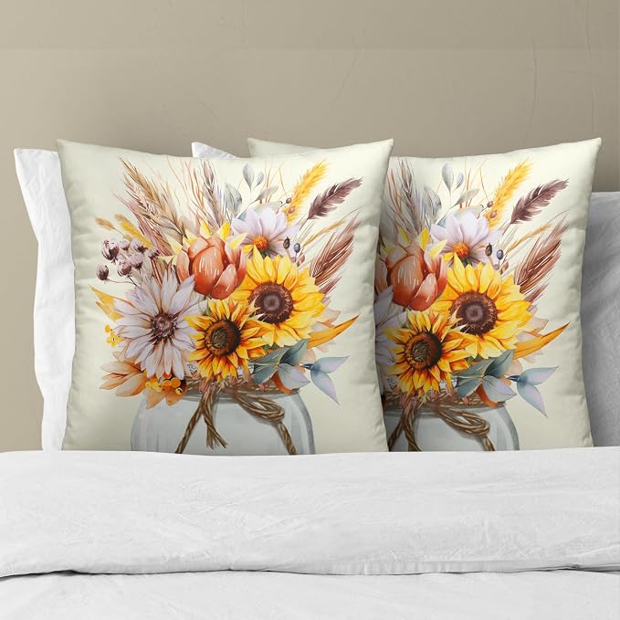 Fall Sunflower Pillow Covers 18x18 Inch Set of 2 Yellow Floral Wheat Flower Mason Jar Rustic Decorative Pillow Cushion Cases for Outdoor Couch Sofa Home Fall Harvest Party Decor