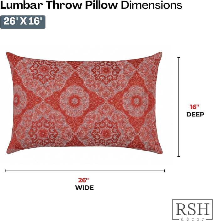 RSH DECOR: Outdura Jumbo Lumbar Pillows Set of 2 | 26" x 16" | Water and Fade-Resistant Performance Fabric | Outdoor Pillow Covers with Down-Alternative Inserts | Made in USA (Ayorline Flamin)