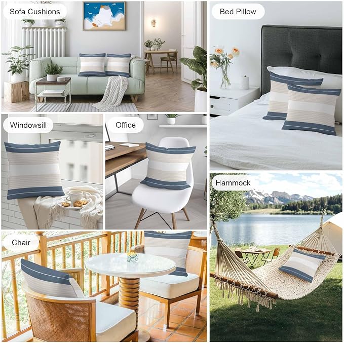 Haze Blue Beige Stripe Outdoor Pillow Covers Waterproof, All Weather Cushion Case Set of 2, Modern Art Horizontal Striped Decorative Pillowcases for Sofa Couch Bed Decor Patio Furniture 18"x18"