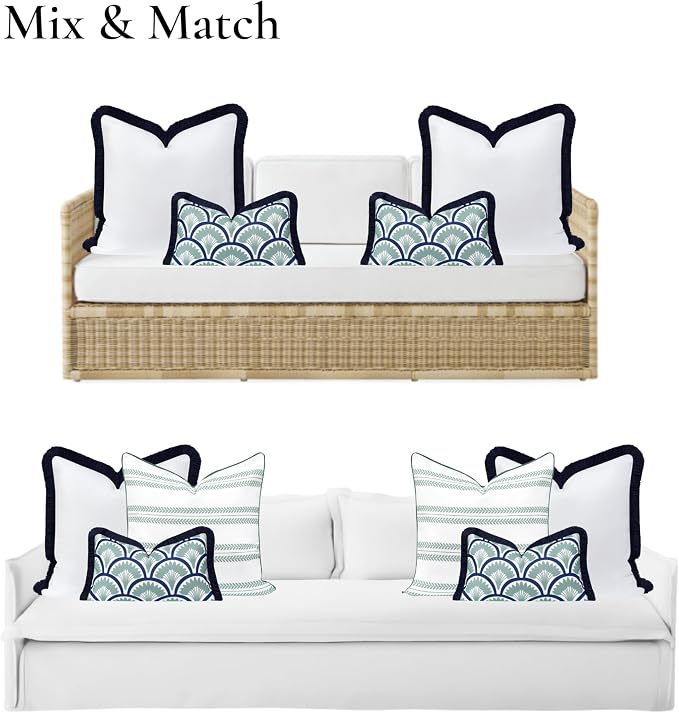 Hofdeco Premium Coastal Grandmillennial Patio Indoor Outdoor Throw Pillow Cover Only, 22"x22" Water Repellent for Backyard, Couch, Poolside, White Navy Blue Solid