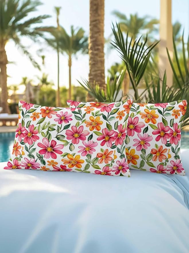 Outdoor Waterproof Throw Pillows Spring Watercolor Wild Flower Patio Pillows Pack of 2,Decorative Pillow Covers with Insert,Pillow Cushion Case for Garden Couch Sofa Country Small Pink Flower