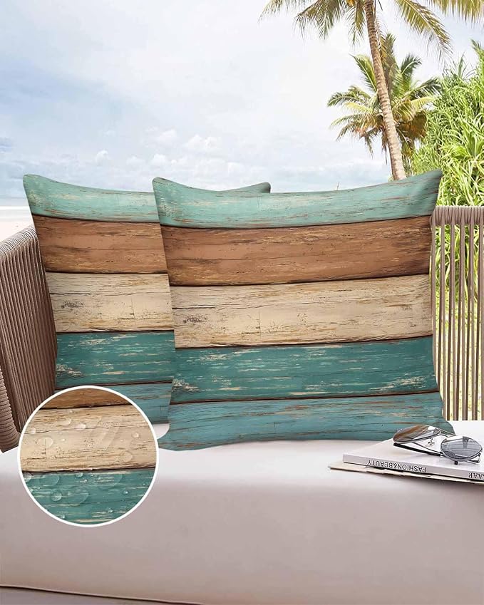 Outdoor Throw Pillows Covers 20X20 Set of 2 Waterproof Teal Turquoise Green Brown Decorative Zippered Cushion Covers for Patio Furniture, Farmhouse Retro Rustic Barn Wood Texture Lumbar Pillowcases