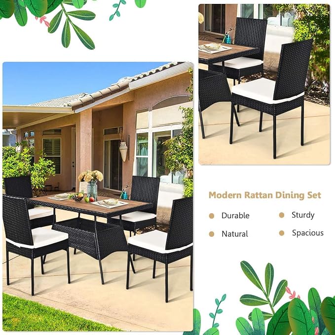 HAPPYGRILL 5-Pieces Patio Rattan Dining Set Outdoor Wicker Bistro Table Set with Acacia Wood Tabletop & Cushioned Chairs, Dining Furniture Set for Backyard Porch Dining Room Kitchen