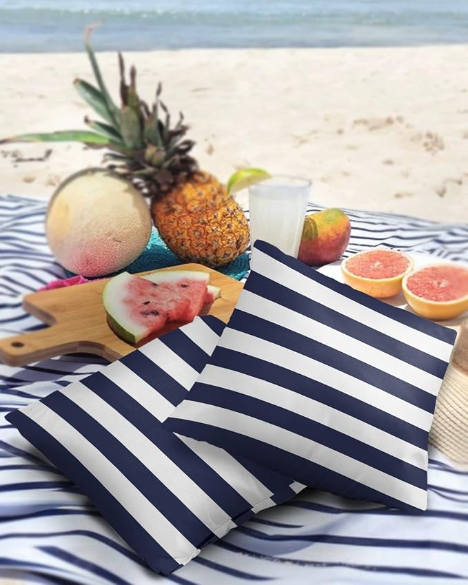 Outdoor Waterproof Pillow Covers for Patio Furniture Solid Nautical Striped Decorative Throw Pillow Cover Navy Blue Pillowcases Set of 2 Cushion Case for Sofa Couch Chair Home Decor 18 x 18 Inches