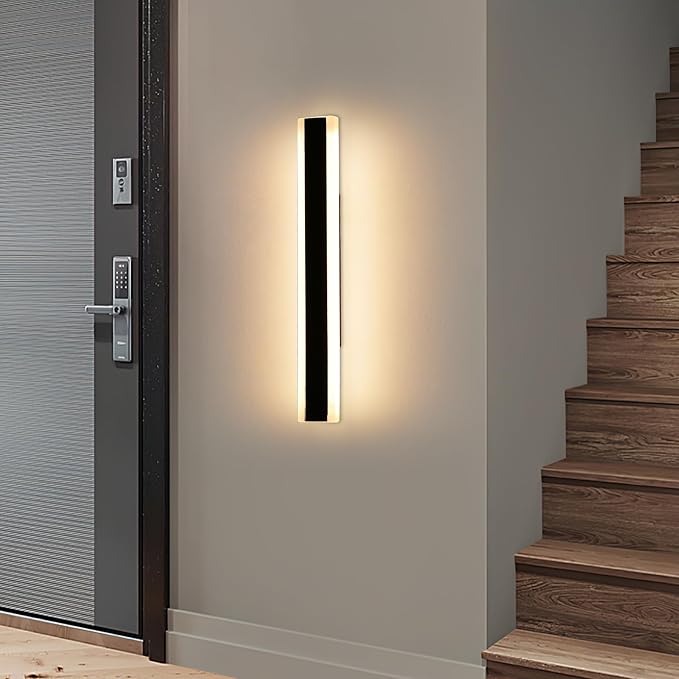 23.6inch Modern Outdoor Wall Light, 3000K Warm White Linear Outside Wall Sconce Waterproof IP65, Acrylic Panel, Black LED Long Wall Lights for Garage Garden Exterior Wall Mount Lights