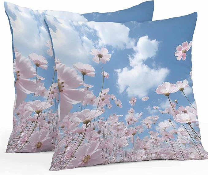 Vandarllin Outdoor Throw Pillows Covers 16x16 inch Set of 2 Waterproof Blue Sky Cloud Decorative Zippered Cushion Covers for Patio Furniture, Pink Flower Lumbar Pillowcases