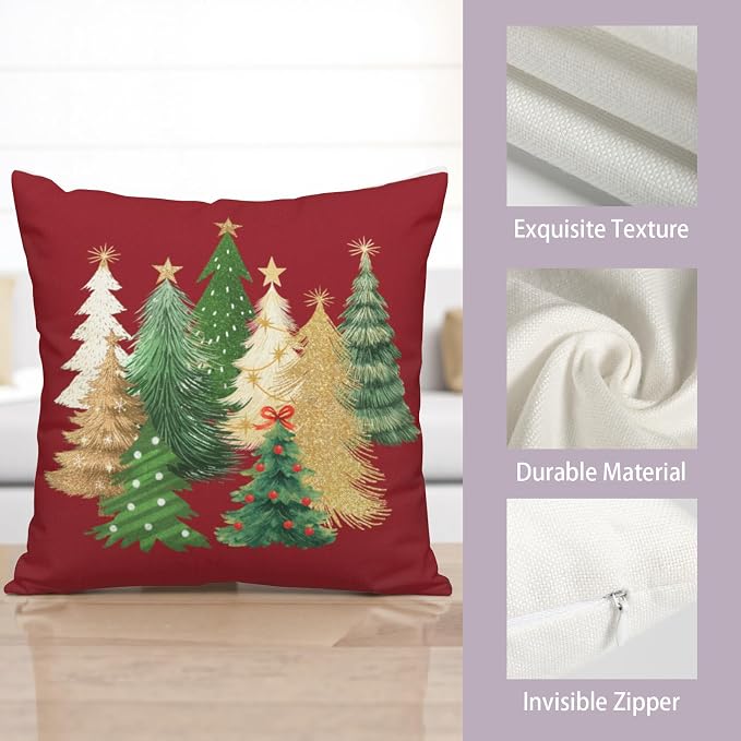Red Christmas Pillow Covers 22x22 Set of 2 Gold Green Xmas Tree Pillow Case Winter Holiday Throw Pillow Covers Double Sided Printing Decorative Cushion Case for Couch Sofa