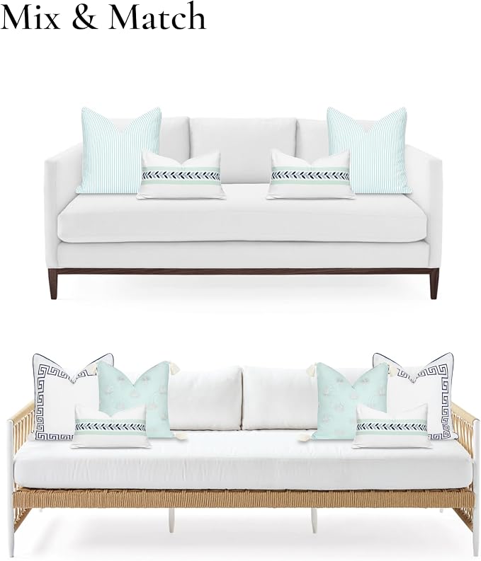 Hofdeco Premium Coastal Patio Indoor Outdoor Lumbar Pillow Cover Only, 12"x20" Water Repellent for Backyard, Couch, Aqua Embroidered Frame Leafs with Piping