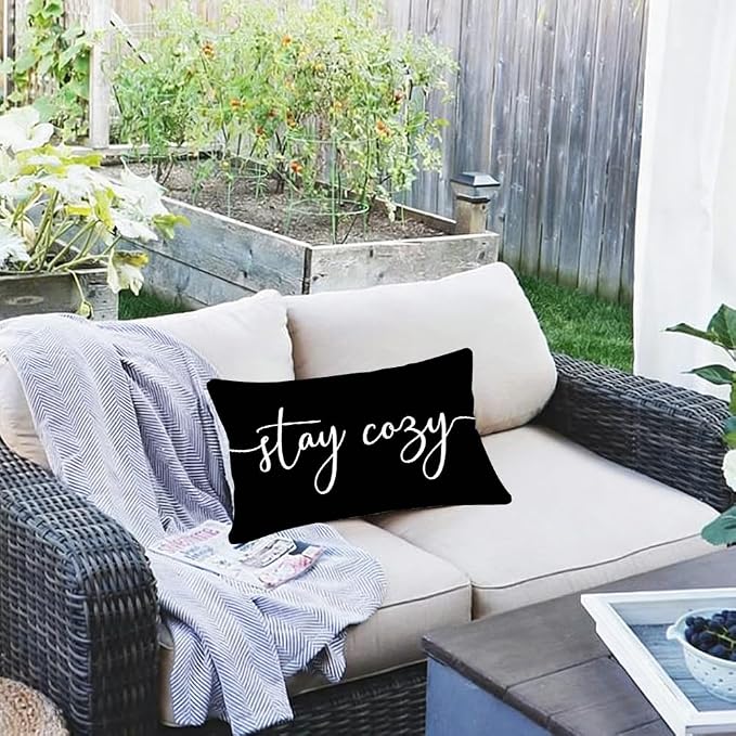 RABUSOFA Black Outdoor Pillow Covers 12x20 Waterproof Stay Cozy Decoration | Outdoor Patio Decoration, Waterproof & Durable Fabric, Machine Washable, Invisible Zipper, Not Insert
