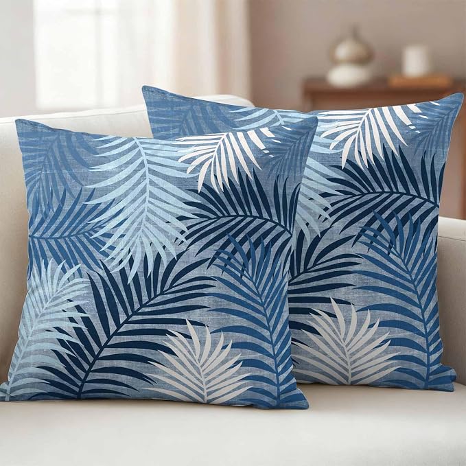Outdoor Waterproof Throw Pillow Covers, Navy Blue Palm Leaves Decorative Pillow Cases, Summer Botanical Tropical Leaf Couch Pillow Protector Patio Sofa Cushion Covers Replacement 24"x24" 2 Pack