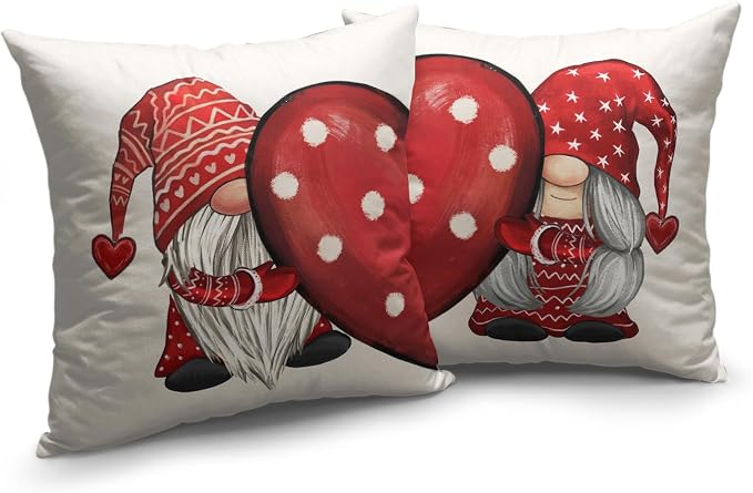 Set of 2 Valentine Pillow Covers 16x16 Valentines Gnome Cotton Linen Throw Pillow Covers Red Polka Dots Love Heart Pillow Cases for Chair Sofa Bedroom