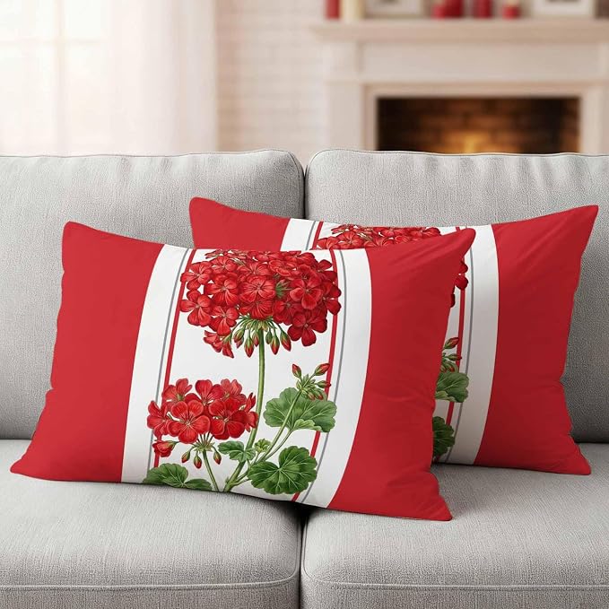 Flower Outdoor Waterproof Throw Pillow Covers 20"x12" Set of 2 Geranium Red Floral Summer Plant Spring Decorative Garden Pillowcase with Zipper Cushion Case for Patio Couch Tent