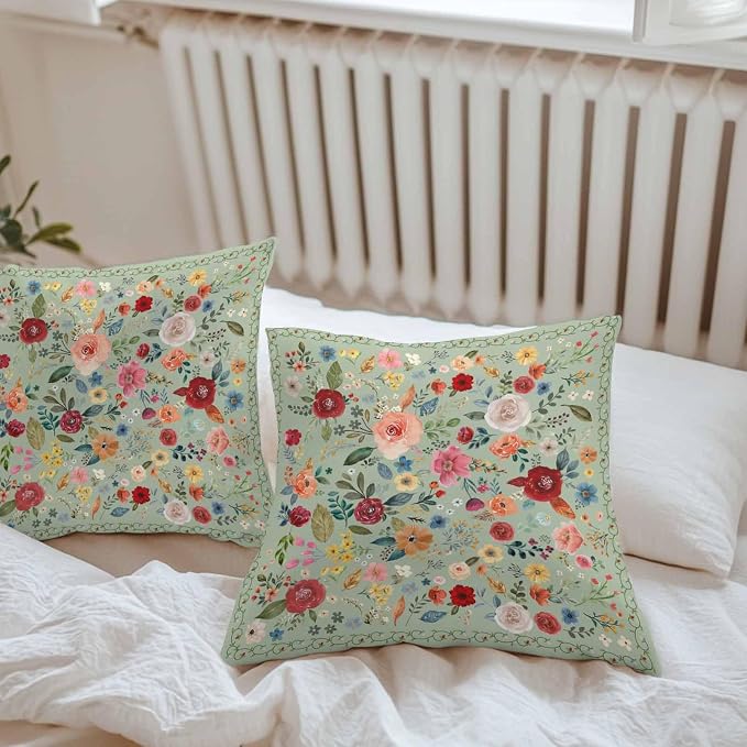 Vandarllin Outdoor Throw Pillows Covers 16x16 inch Set of 2 Waterproof Sage Green Floral Decorative Zippered Cushion Covers for Patio Furniture, Farmhouse Vintage Flower Lumbar Pillowcases