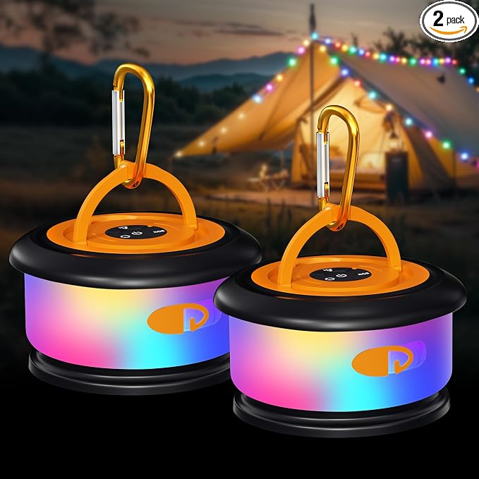 2-Pack Camping String Lights, Retractable 4 in 1 Camp Lights | 32.8FT Rechargeable Fairy Lamp Outdoor Waterproof, RGB Portable Hanging Lantern for Outside Tent Patio Awning RV Essentials