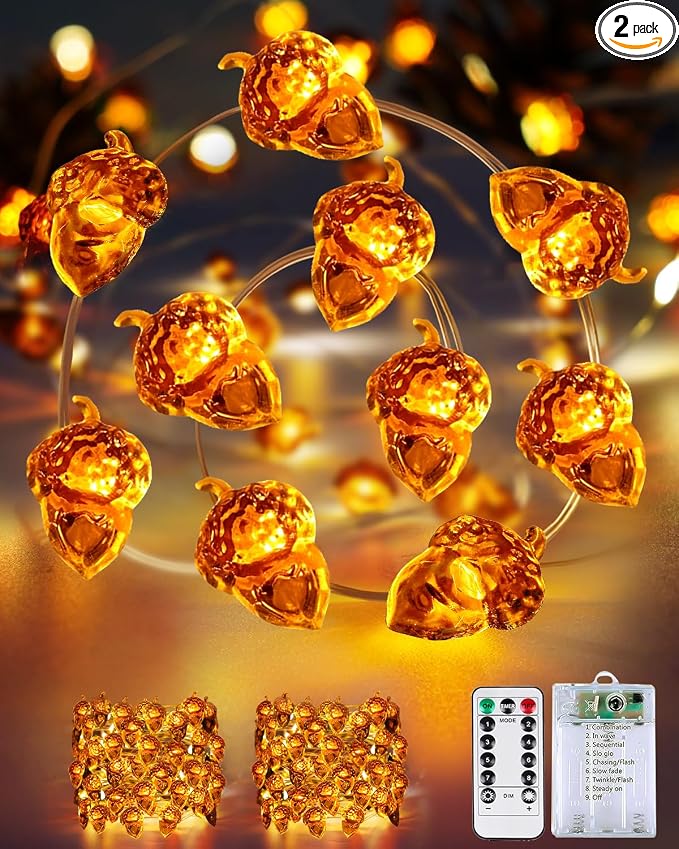 2 Pack 30 LED Acorn Fall Decorations, String Lights Battery Operated Remote | 20FT 3D Acorn Fairy Twinkle Lights with Timer, 8 Modes, Waterproof Outdoor Autumn Harvest, Thanksgiving, Halloween Decoration