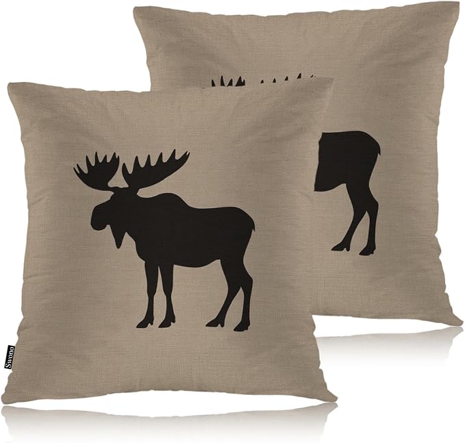 Swono Moose Decorative Throw Pillows Covers, Wild Animal Moose Elk Burlap Cabin Square Pillow Cushion Covers for Man Woman, Pillowcases Decor for Home Sofa Bed Garden, 2 Packs, 18x18 Inch, Brown