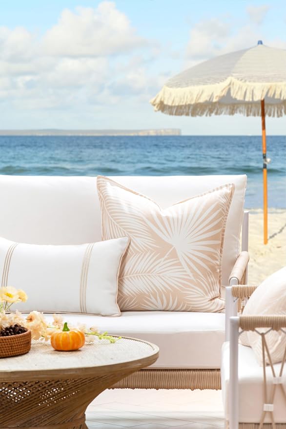 Hofdeco Premium Fall Coastal Patio Indoor Outdoor Lumbar Pillow Cover Only, 12"x20" Water Repellent for Backyard, Couch, Neutral Tan Embroidered Vertical Line