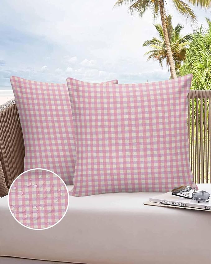 Outdoor Waterproof Throw Pillow Covers Set of 2 Pink Buffalo Plaid Pillowcases 16x16 Inches Linen Classic Checked Patio Decorative Pillows Cushion Case Patio Pillows for Couch Bed Chair Garden