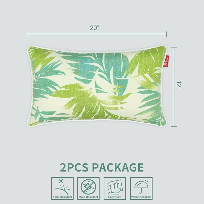 Pack of 2 Outdoor Lumbar Pillows,20x12 Inch All-Weather Water-Resistant Patio Pillows with Inserts, Decorative Pillows for Patio Furniture,Couch,Sofa,Poolside,Green Leaf