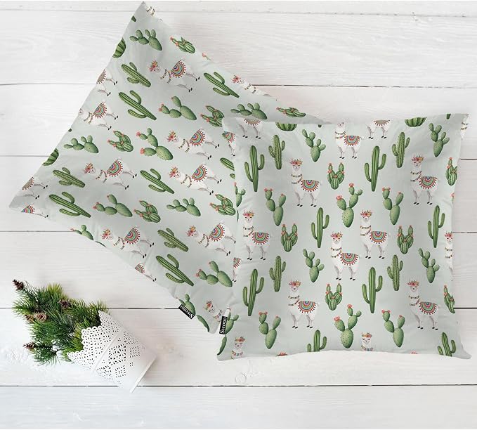 Swono Set of 2 Decorative Throw Pillow Covers Llama, Cute Alpaca Llama Cactus Flowers Farmhouse Pillowcases Accent Pillow Cushion Cover for Couch Sofa Bed Office Armchair 18 X 18 Inch