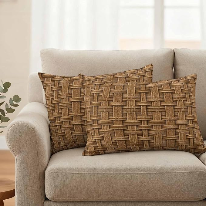 Vintage Rattan Waterproof Outdoor Pillow Covers 20''x12'' Set of 2, Minimalist Abstract Wicker Texture Brown Patio Furniture Cushion Covers for Chairs, Decorative Pillow Cases for Garden/Pool/Beach