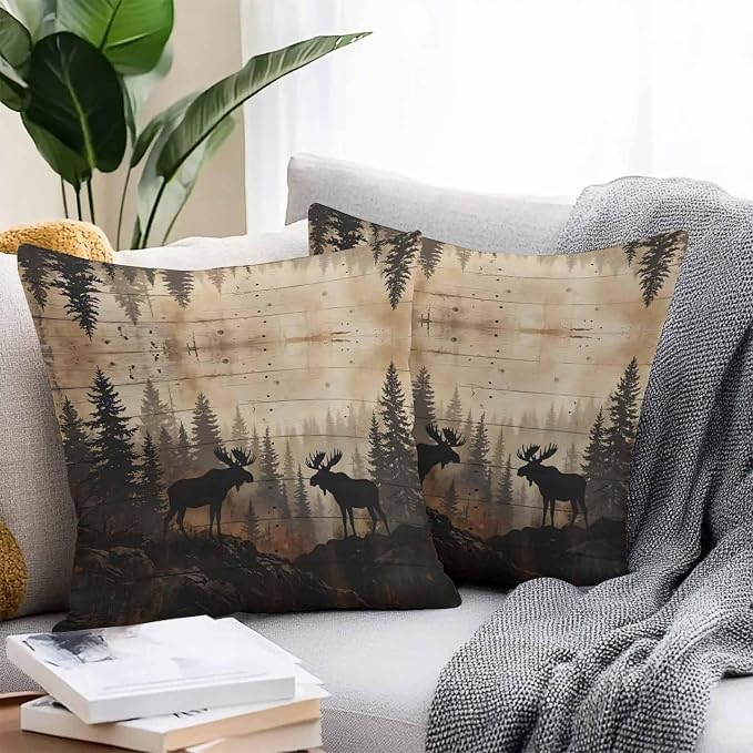 Nature Landscape Outdoor Waterproof Pillow Covers Pack of 2, Rustic Moose Forest Pine Silhouettes Wildlife Throw Pillowcases Decorative Cushion Covers for Garden Patio Tent Sofa Couch, 16x16 inch