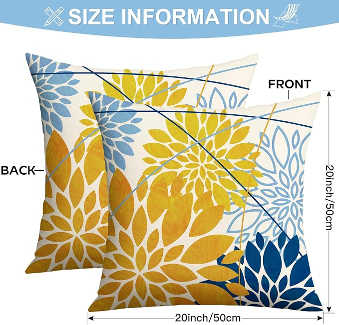 OTOSTAR Outdoor Yellow Light Blue Pillow Covers 20x20 Inch Set of 2 Dark Blue Flower Throw Pillows Farmhouse Geometric Dahlia Floral Square Cushion Case Waterproof Decor for Sofa Patio Funiture Garden