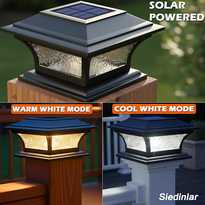 SIEDiNLAR Solar Post Lights Outdoor Glass LED Fence Cap Light 2 Modes for 4x4 5x5 6x6 Posts Deck Patio Garden Decoration Warm White/Cool White Lighting Black (2 Pack)