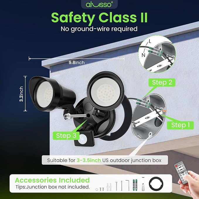 ALUSSO LED Security Lights Motion Sensor, 25W 2000LM Flood Lights Outdoor Motion Sensor with Remote 120V, Dimmable Brightness 3000K-6500K CCT IP65 Security Light ETL Listed for House Garage, 2 Pack