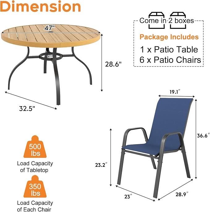 Outdoor Patio Dining Set for 6, 7 Pieces Patio Table and Chairs Set with Umbrella Hole, 47"x 47" Round Metal Wood-Grain Dining Table Set with 6 Stackable Patio Chairs for Deck , Backyard, Porch