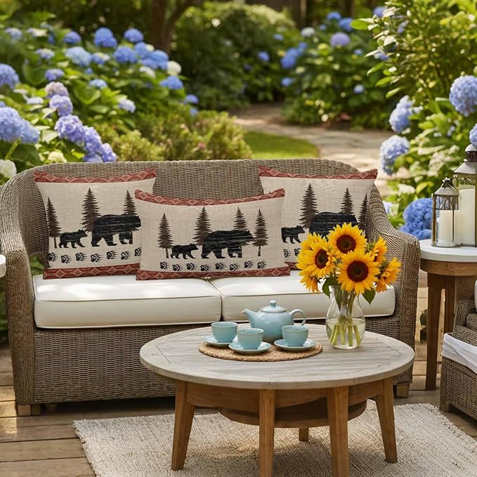 Bear Outdoor Waterproof Throw Pillow Covers 26 x 26 Inches Set of 2 Pine Forest Nature Bear Nature Vintage Boho Decorative Cushion Cover Pillowcase for Garden Patio Tent Beach Livingroom Sofa Couch