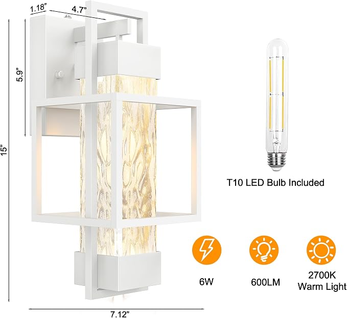 Modern Outdoor Light Fixture Dusk to Dawn Outdoor Lighting, 15" H Exterior Wall Sconce Waterproof Porch Light, Outside Light for House with Water Glass for Garage Doorway, White