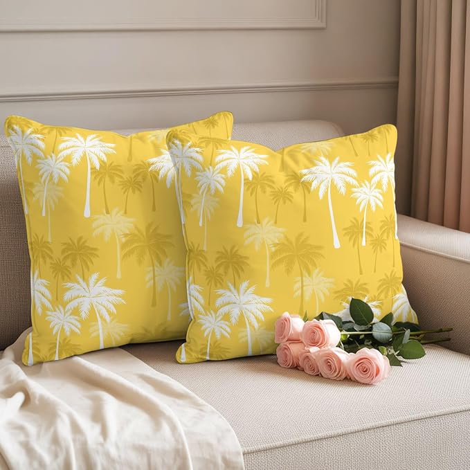 Throw Pillow Covers 26x26 Inch Set of 2, Tropical Palm Tree Waterproof Outdoor Pillow Covers, Yellow White Plants Coastal Leaf Beach Decorative Cushion Pillowcases for Couch, Sofa, Bed, Garden, Patio