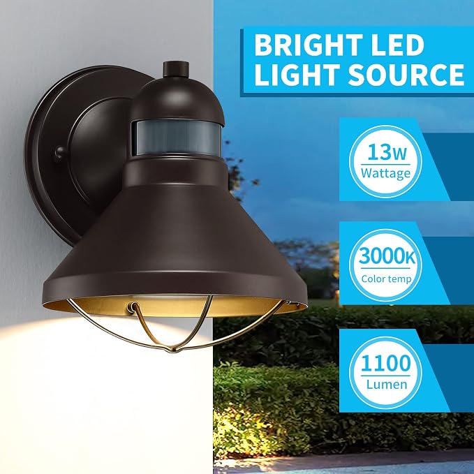 Dusk to Dawn Motion Sensor Outdoor LED Barn Light Fixture Brown | Outside Wall Mount Sconce Lighting Antique Farmhouse Porch Lamp for House Patio Garage Front Door