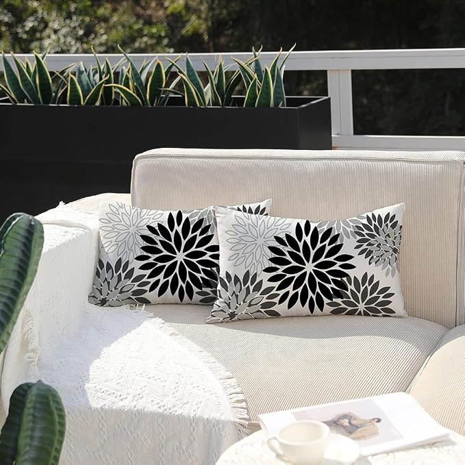 DFXSZ Outdoor Waterproof Pillow Covers 12x20 Set of 2 Black Grey Flower | Spring Summer Waterproof Flower Throw Pillowcases（No Inserts）Outdoor Decor for Patio Funiture Garden Polyester Covers