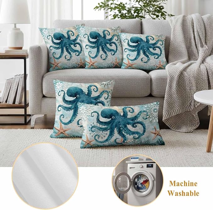 Ocean Creature Outdoor Waterproof Throw Pillow Covers Set of 2, 16"x16", Eight Pawfish Corals Sea Stars Decorative Pillow Covers Outside Cushion Case for Patio Porch Garden