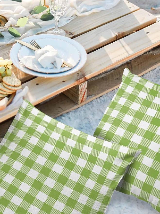 Outdoor Waterproof Throw Pillow Covers Set of 2 Sage Green Buffalo Check Plaid Pillowcases 16x16 Inches Farmhouse Style Patio Decorative Pillows Cushion Case Patio Pillows for Couch Bed Chair Garden