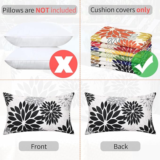 Outdoor Waterproof Cushion Covers 12x20 Inch Dahlia Flowers Throw Pillow Covers Set of 2 Decorative Pillowcases with Invisible Zipper Black and Gray for Inside and Outdoor Decor