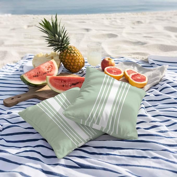 Sage Green White Stripe Outdoor Pillow Covers 26x26 Inch Throw Pillow Covers Set of 2 Waterproof Decorative Pillow Cases Modern Rustic Vertical Striped Cushion Covers for Patio Furniture Garden Couch
