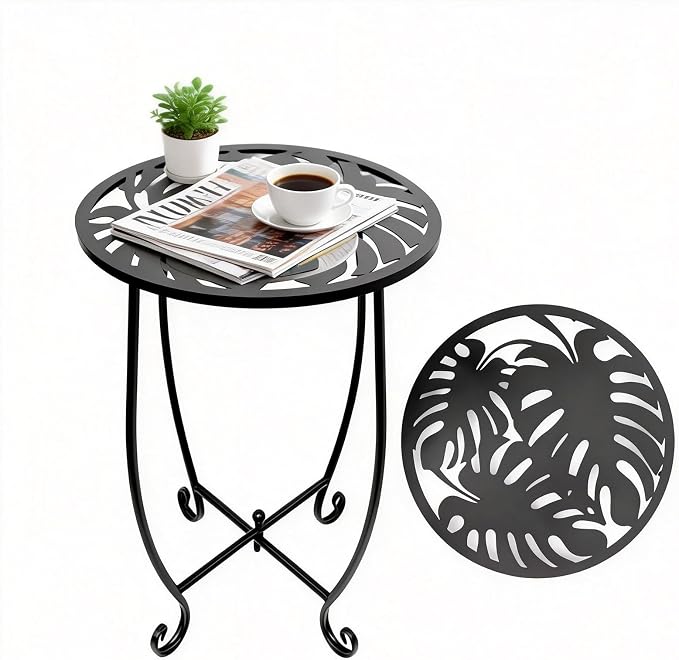Outdoor Side Table 15 Inch Tall, Tool-Free Metal Patio End Table with Monstera Design, Space Saving Round Stand for Porch Balcony Garden (Monstera)