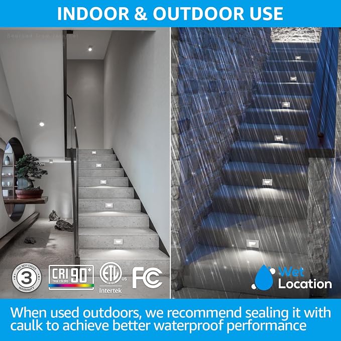 LEONLITE 6-Pack 5CCT 120V LED Step Lights, Horizontal, White | 150LM, 5%-100% Dimmable, CRI90, ETL, Indoor Outdoor Stair Lights, Wet Location, 2700K/3000K/3500K/4000K/5000K, Aluminum