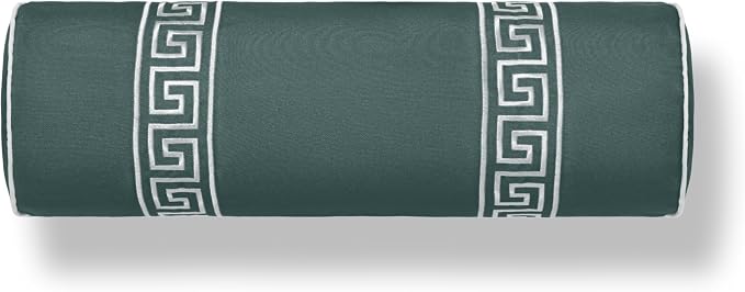 Hofdeco Premium Coastal Grandmillennial Patio Indoor Outdoor Bolster Pillow Cover Only, 8"x24" Water Repellent for Backyard, Couch, Poolside, Forest Green Embroidered Greek Key