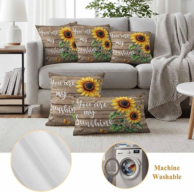 Sunflower Outdoor Waterproof Throw Pillow Covers Set of 2, 24"x24", You are My Sun Shine Vintage Brown Wood Board Decorative Pillow Covers Outside Cushion Case for Patio Porch Garden