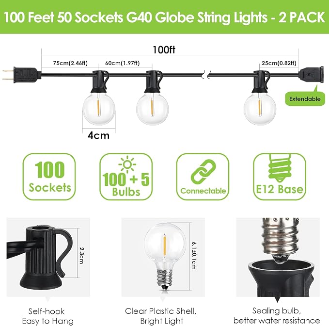 200Ft(2x100Ft) LED Outdoor String Lights Waterproof Dimmable G40 Globe Patio Lights with 100+5 Bulbs for Balcony Gazebo Pergola-Black Cord