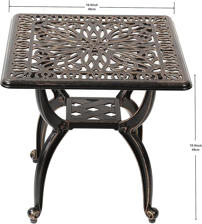 C/G Cast Aluminum Side Table,Decorative Outdoor End Table, Ornate Floral Pattern (Square, Copper)
