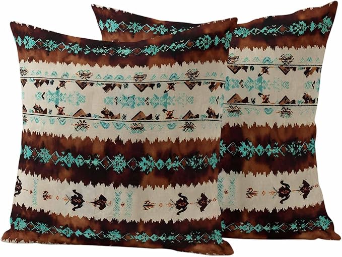 Western Aztec Outdoor Pillow Covers 18"x18" Set of 2, Brown Turquoise Tribal Ethnic Geometric Waterproof Throw Pillow Covers for Patio Furniture, Decorative Cushion Covers for Porch