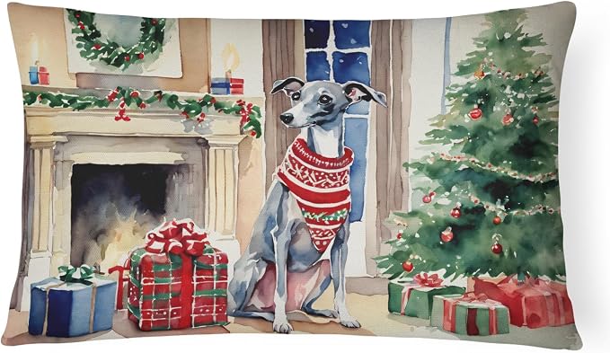 Caroline's Treasures DAC2680PW1216 Italian Greyhound Cozy Christmas Throw Pillow Machine Washable, Indoor Outdoor Decorative Pillow for Couch, Bed or Patio, 12HX16W