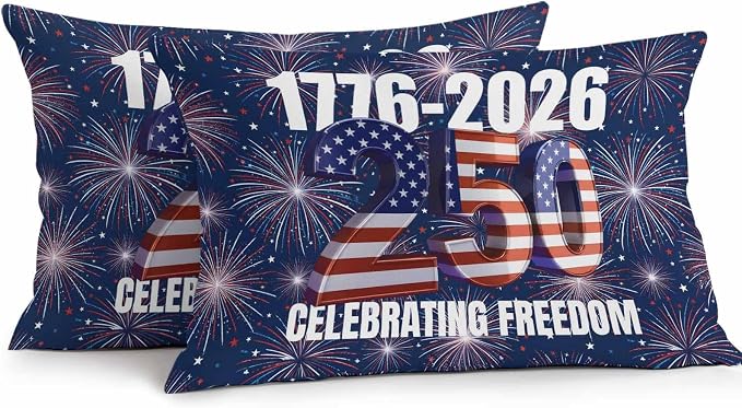 250 Anniversary USA Flag Outdoor Pillow Covers 20x12 Inch Lumbar Pillow Covers Set of 2 Waterproof Decorative Throw Pillow Cases Blue American Flag 250 Fireworks Cushion Covers for Patio Furniture